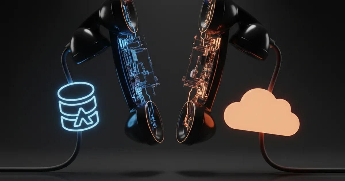 A clean 3D render of a vintage telephone receiver cleanly sliced down the middle, its two halves drifting apart on a dark, reflective surface. The left half of