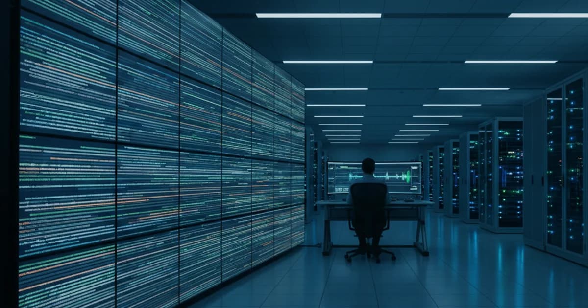 A data center operations floor at night, lit with cool blue overhead lighting