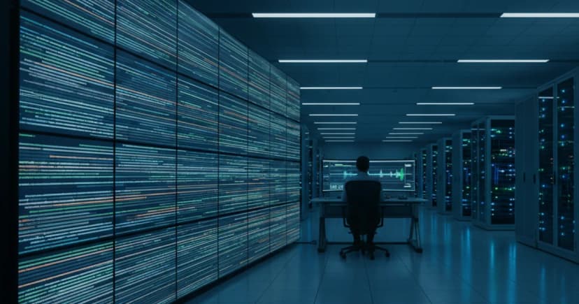 A data center operations floor at night, lit with cool blue overhead lighting