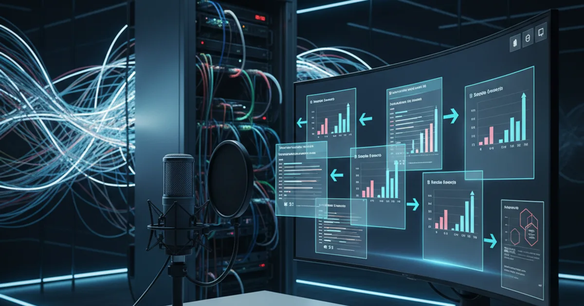 A close-up of a enterprise server rack with glowing fiber-optic cables in the background, and in the foreground a microphone on a clean desk next to a monitor