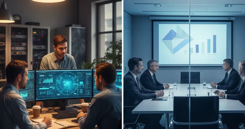 A split-frame editorial photograph inside a modern operations center