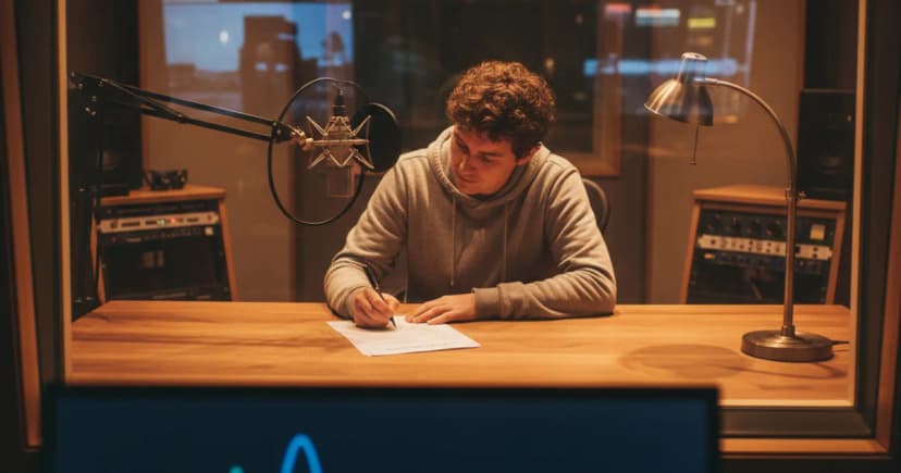 A recording studio booth viewed through the glass from the control room, where a voice talent sits at a professional microphone under warm tungsten lighting