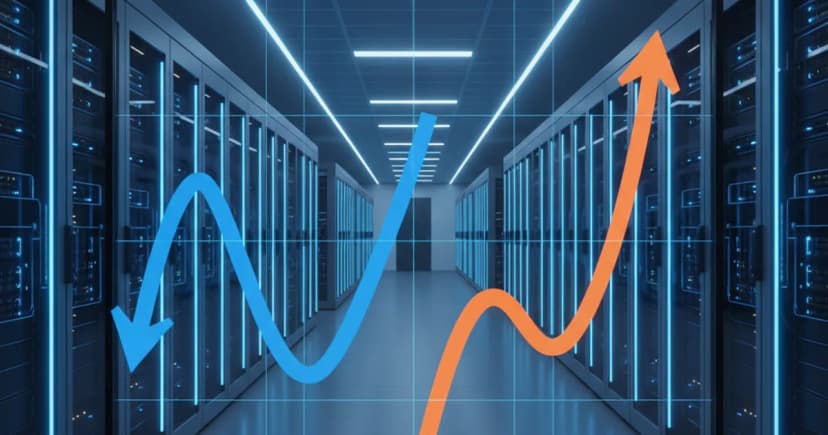 A clean editorial photograph taken inside a modern enterprise data center: rows of illuminated server racks recede into the background under cool blue overhead