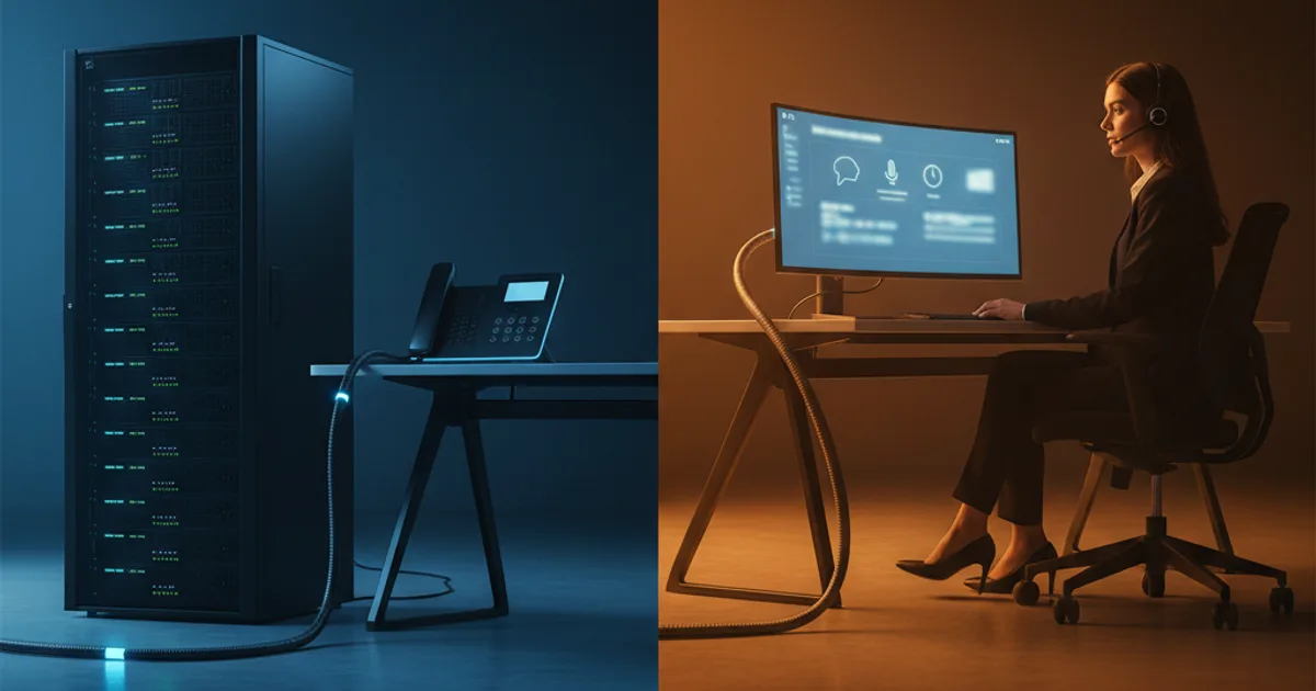 A split telephony operations center scene: on the left, a modern AI server rack with subtle glowing status lights stands next to a sleek desk phone console; on