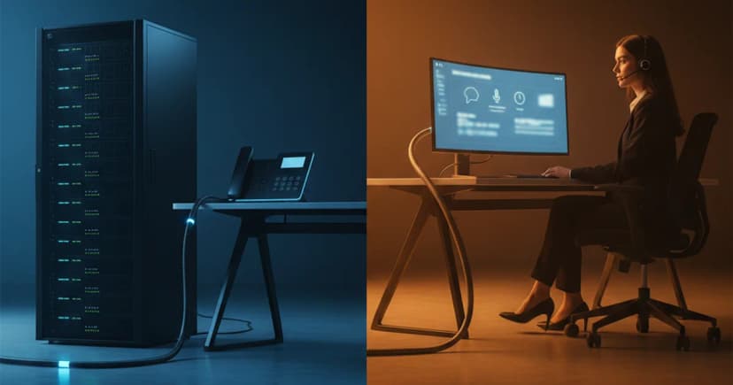 A split telephony operations center scene: on the left, a modern AI server rack with subtle glowing status lights stands next to a sleek desk phone console; on