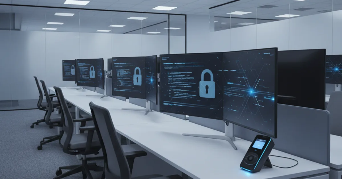 A clean enterprise open-plan office with a row of developer workstations, each monitor showing a code editor with a faint padlock icon overlay on the screen