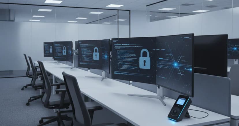 A clean enterprise open-plan office with a row of developer workstations, each monitor showing a code editor with a faint padlock icon overlay on the screen