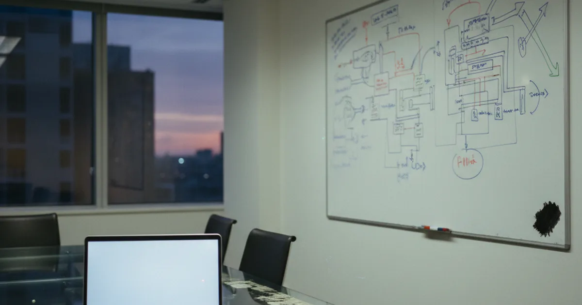 A wide shot of a modern office conference room at dusk: on the left, a laptop sits open on a glass table with its screen glowing but out of focus, a single