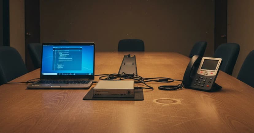 A mid-sized office conference room at dusk: on one side of a scratched wooden table sits an open laptop showing a blurred dashboard of code with a tangle of