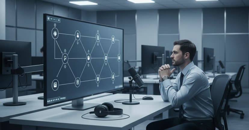 A clean, well-lit operations center with a single large monitor displaying a structured flowchart of conversation decision branches, each node connected by