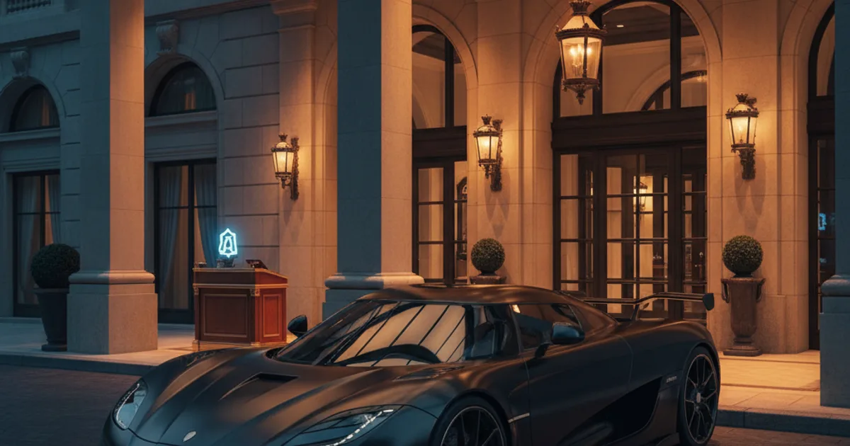A gleaming matte-black exotic sports car parked in a luxury hotel porte-cochere at dusk, with a concierge podium in the background showing a tablet screen
