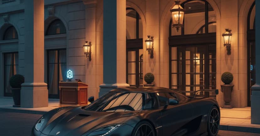 A gleaming matte-black exotic sports car parked in a luxury hotel porte-cochere at dusk, with a concierge podium in the background showing a tablet screen