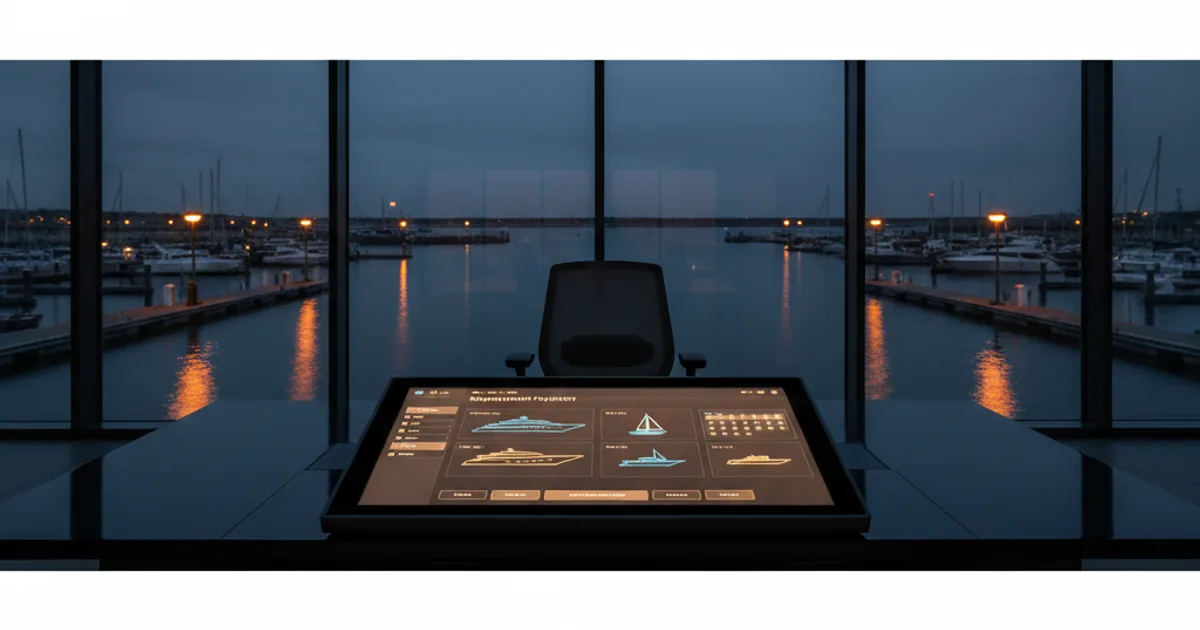 A superyacht inquiry on a large touchscreen console at a modern marina operations desk, late evening with soft amber dock lighting reflecting on calm water