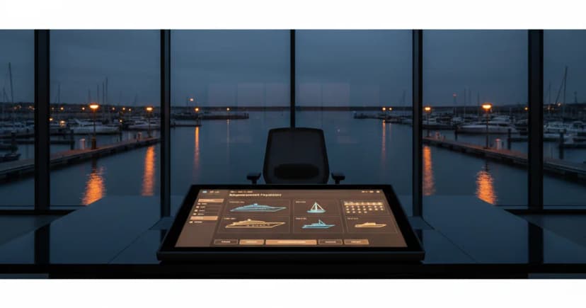 A superyacht inquiry on a large touchscreen console at a modern marina operations desk, late evening with soft amber dock lighting reflecting on calm water