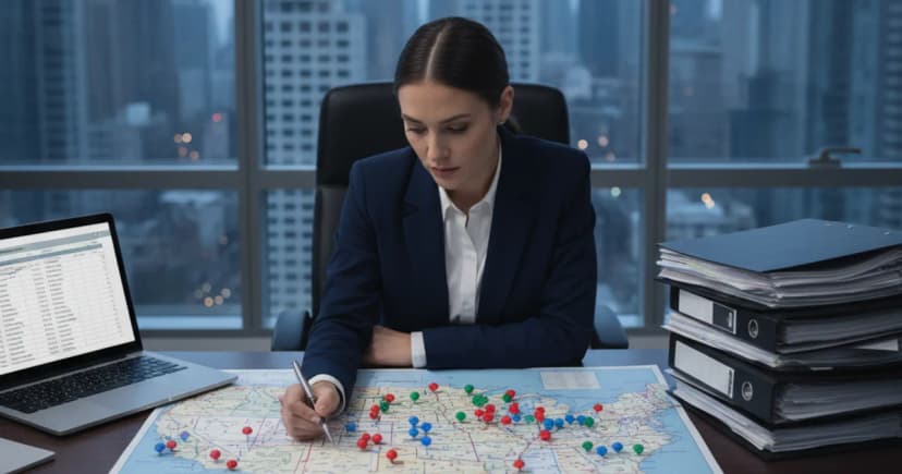 A clean editorial photograph of a compliance officer seated at a large desk reviewing a printed multi-state map of the United States with colored jurisdiction