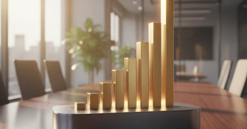 A clean 3D render of a sleek, slate-gray enterprise conference speaker sitting on a polished dark wood boardroom table. Rising directly out of the speaker's