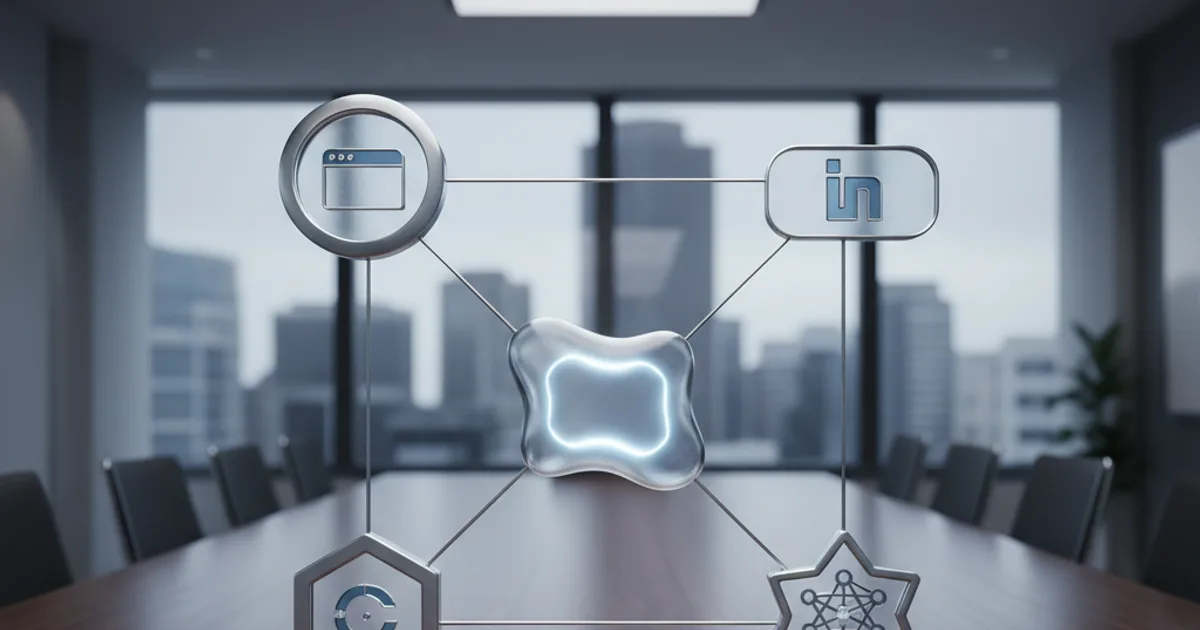 A clean editorial photograph of a structured data diagram laid flat on a dark conference table in a modern San Francisco office, showing interconnected nodes