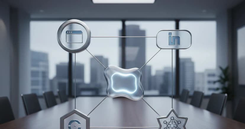 A clean editorial photograph of a structured data diagram laid flat on a dark conference table in a modern San Francisco office, showing interconnected nodes