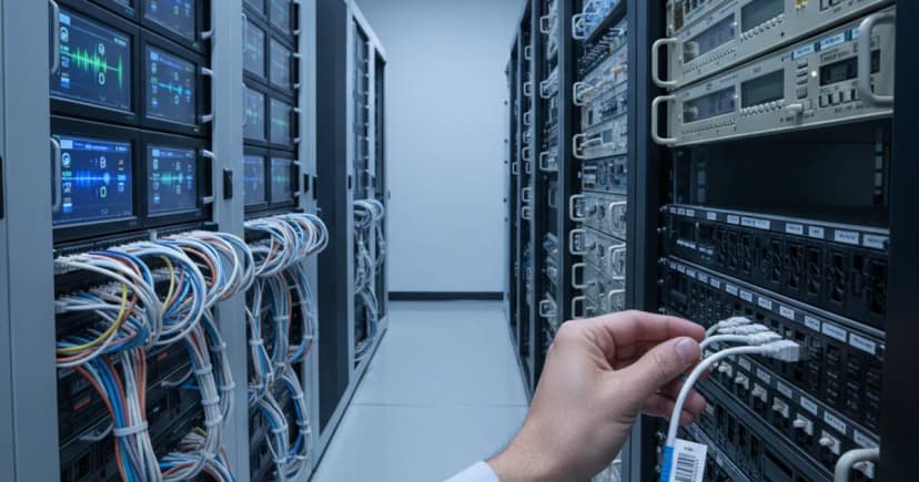 A clean editorial photograph of a server room corridor viewed from a low angle, with structured cable bundles running between CRM terminal screens on one side