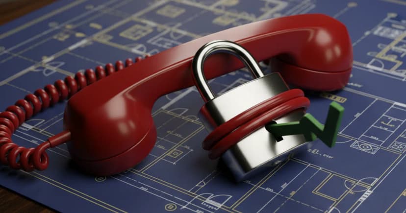 An editorial, close-up photograph of a classic red telephone receiver resting atop a detailed blue architect's blueprint spread across a dark oak desk. A