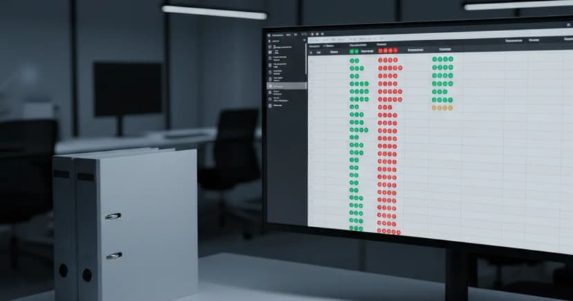 A close-up of a modern enterprise workstation in a clean, dimly lit open-plan office