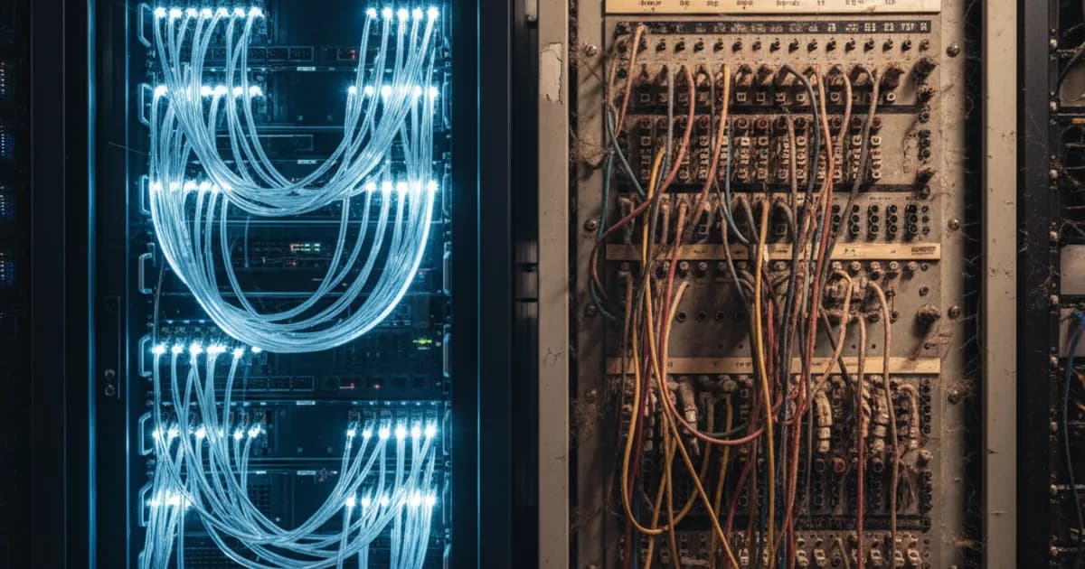 A wide-angle editorial photograph of a modern data center server rack with fiber optic cables glowing in blue and white, placed directly adjacent to an old