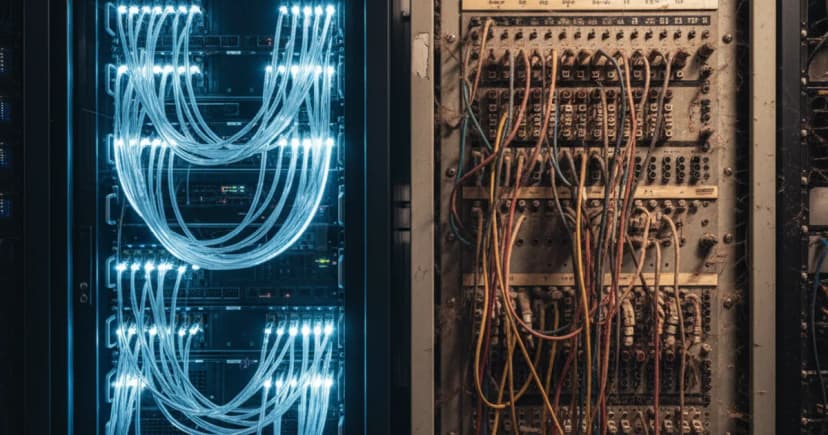 A wide-angle editorial photograph of a modern data center server rack with fiber optic cables glowing in blue and white, placed directly adjacent to an old