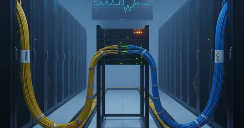 A server rack room with two clearly labeled fiber cable bundles entering from opposite walls, one primary and one backup, converging at a central network
