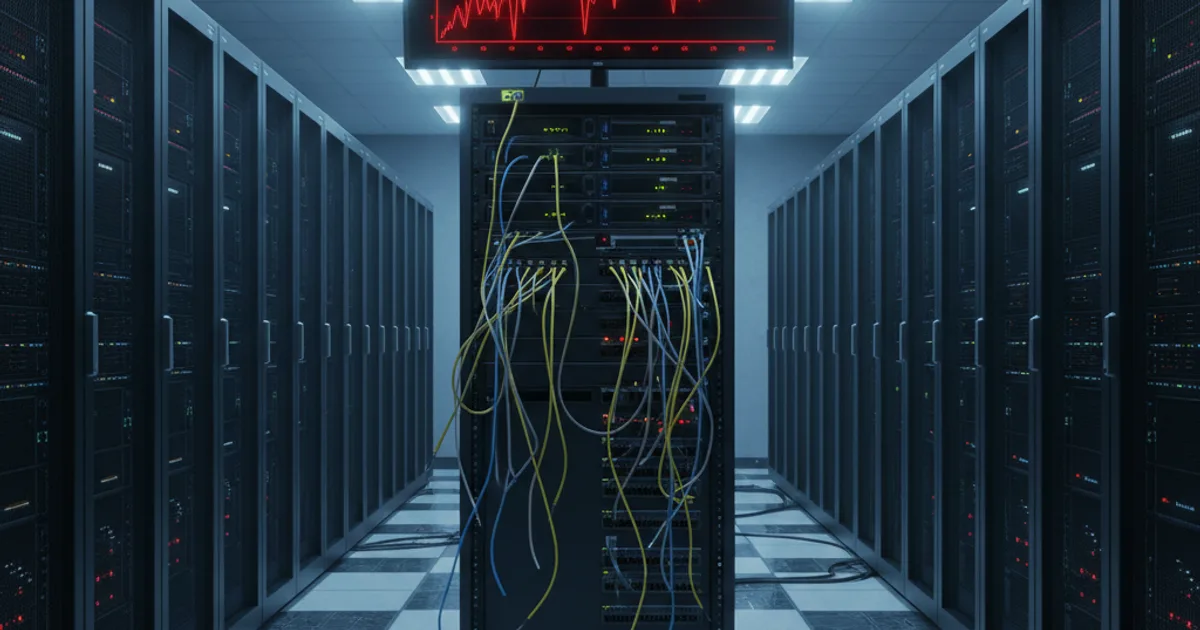 A server rack room in a corporate data center, lit with cold blue overhead fluorescent light, showing a telephony patch panel with several cable connections