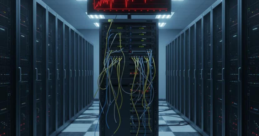 A server rack room in a corporate data center, lit with cold blue overhead fluorescent light, showing a telephony patch panel with several cable connections