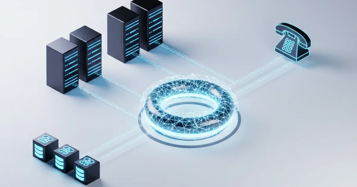 A clean architectural diagram rendered as a 3D isometric scene: two server rack clusters connected to a central glowing hub representing a data fabric layer