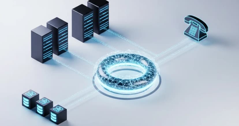 A clean architectural diagram rendered as a 3D isometric scene: two server rack clusters connected to a central glowing hub representing a data fabric layer