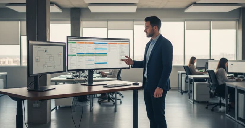 A project manager in business casual attire stands at a standing desk in a modern open-plan office, reviewing a structured document on a large monitor showing