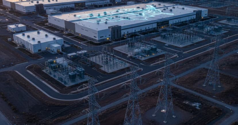 An aerial editorial photograph of a large US data center campus at dusk, with transmission towers and power lines visible in the foreground and a partial grid