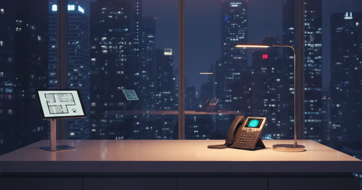 A commercial real estate brokerage front desk at night, empty of staff, with a sleek desk phone glowing with an active incoming call indicator