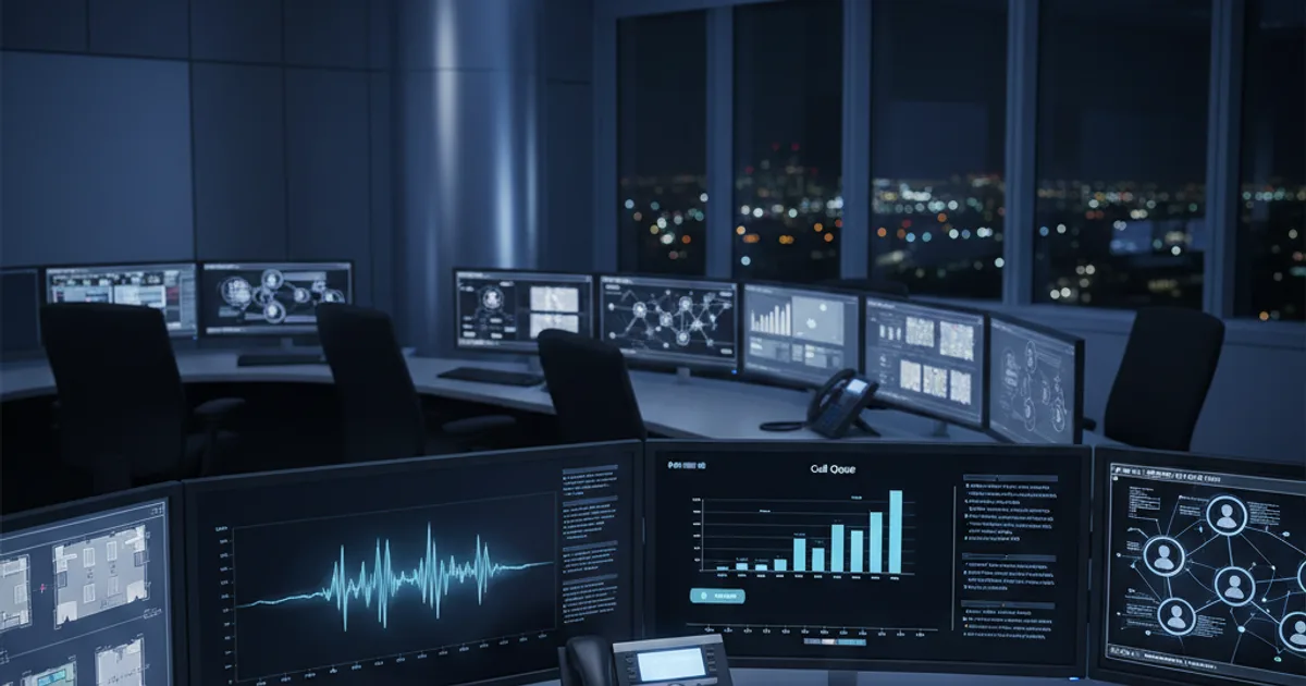 A commercial property management operations center at night: a large curved desk with multiple monitors showing property floor plans, call queue dashboards