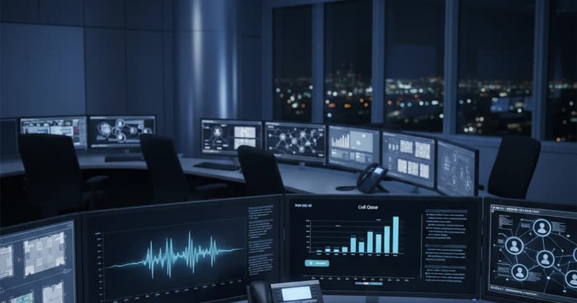 A commercial property management operations center at night: a large curved desk with multiple monitors showing property floor plans, call queue dashboards