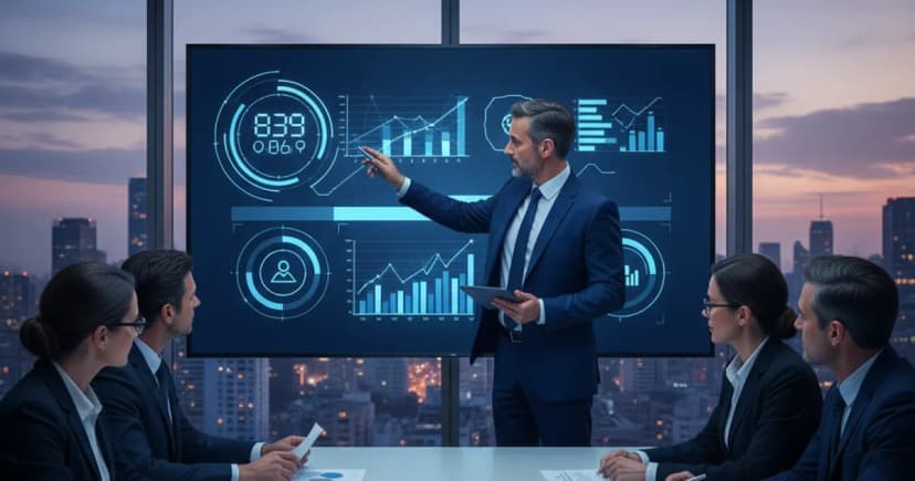 A corporate boardroom with a large wall-mounted display showing a live contact center dashboard with cost-per-interaction metrics and deflection rate graphs