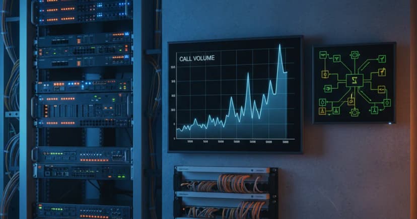 A server room with a visible rack of telecom equipment and blinking indicator lights, photographed in cool blue and amber lighting