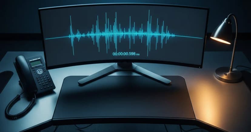 A sleek operations center workstation, tight overhead shot, showing a single telephone handset and a large monitor displaying a real-time audio waveform with a