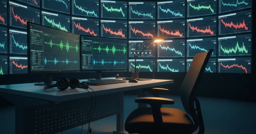 A call center operations floor photographed from a low angle at night, with a wall of glowing monitoring dashboards showing line graphs trending downward