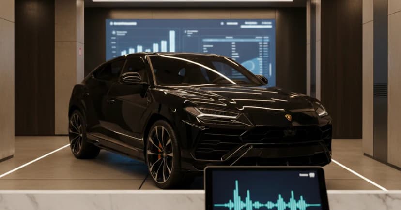 A sleek black Lamborghini Urus parked in a modern valet bay at night, lit by warm overhead spotlights