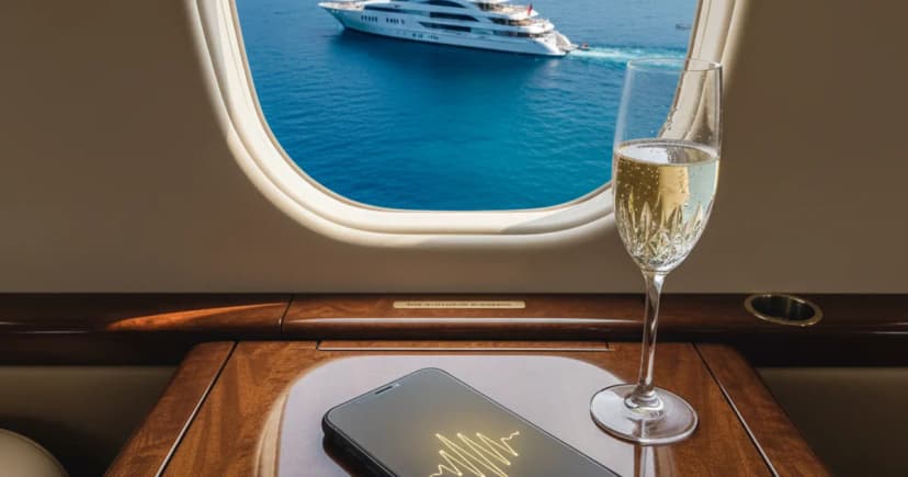 An editorial photograph from inside a luxurious private jet cabin, looking down at a polished mahogany console where a high-end smartphone rests next to a