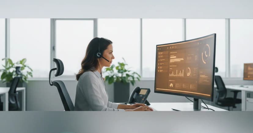 A clean, modern enterprise call center with a single human agent at a softphone workstation, headset on, eyes on a monitor showing a structured call summary