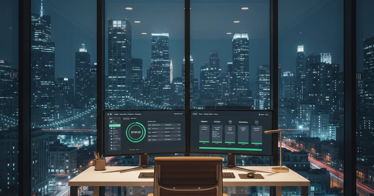 A financial advisor's glass-walled office at night, empty chair behind a clean desk with dual monitors showing a CRM dashboard with green sync status