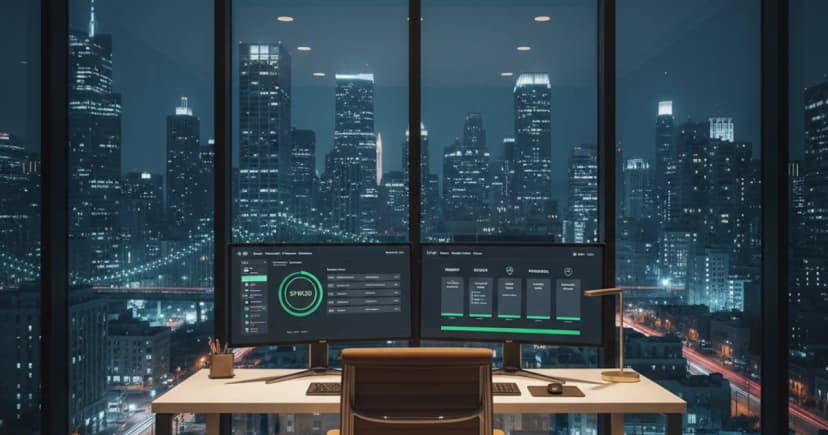 A financial advisor's glass-walled office at night, empty chair behind a clean desk with dual monitors showing a CRM dashboard with green sync status