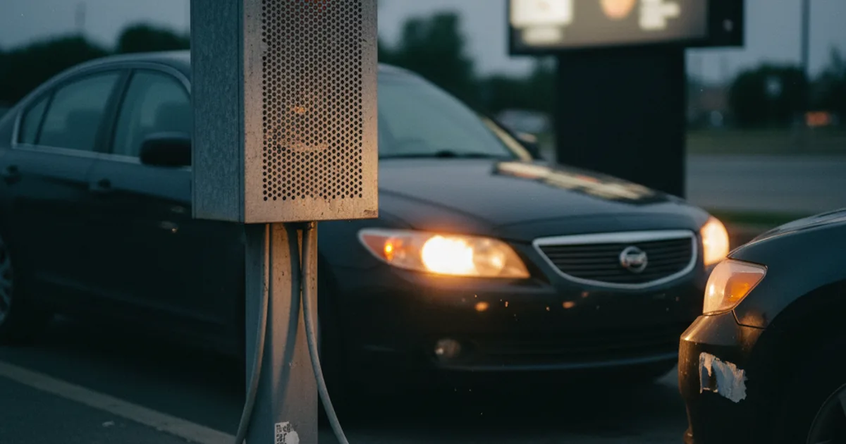 A dim restaurant parking lot at dusk shows a drive-thru speaker post with a worn metal grille and a small blinking indicator light, a sedan's headlights