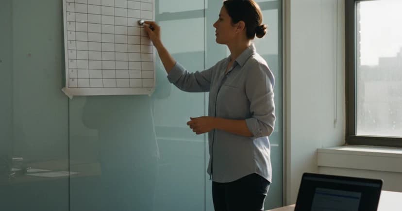 An operations manager in a glass-walled call center office stands beside a whiteboard mapping a seven-column rollout chart taped slightly askew, moving a