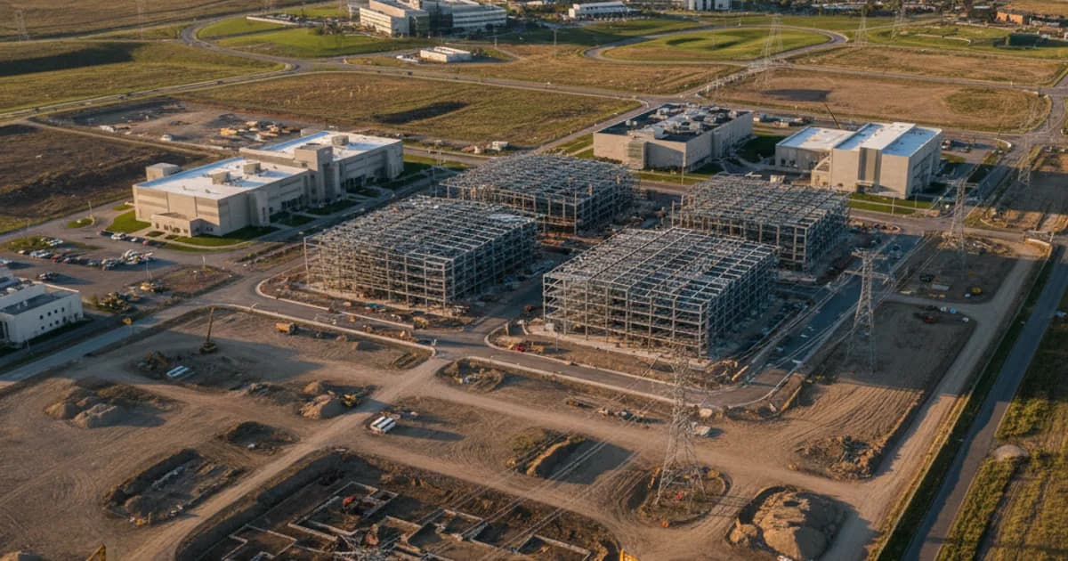 An aerial editorial photograph of a large, active national laboratory campus in a wide rural landscape, with construction equipment and steel-frame data center