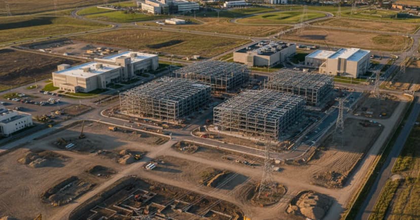 An aerial editorial photograph of a large, active national laboratory campus in a wide rural landscape, with construction equipment and steel-frame data center
